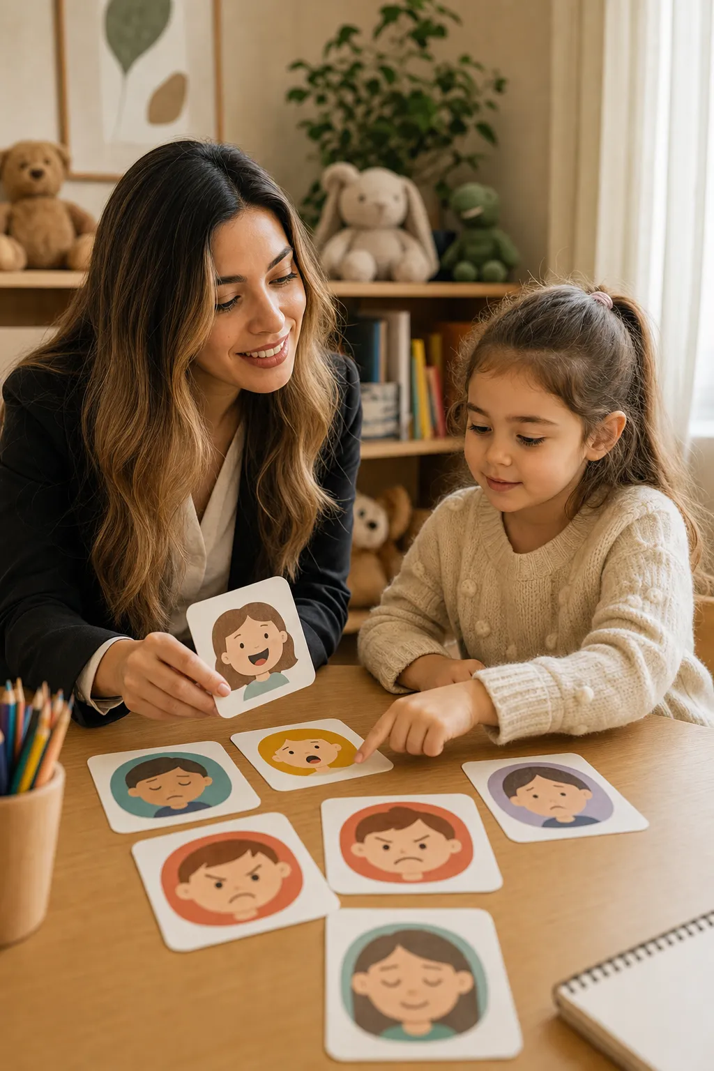 Psikolog ve bir çocuk, duygu kartlarına bakarken